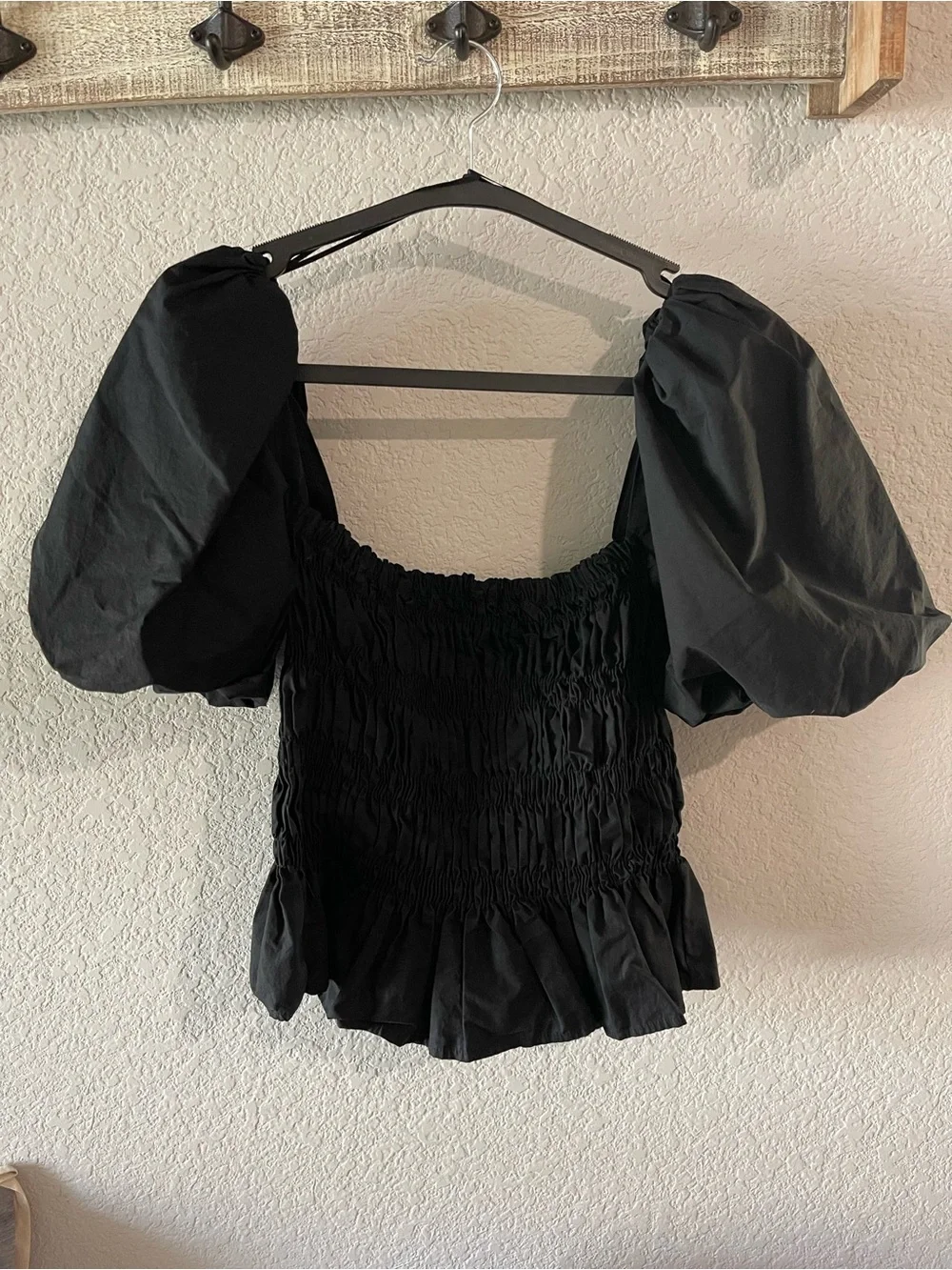 Astr Black Smocked Peplum Puff Sleeve Top